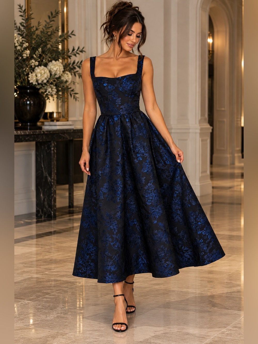 LOFT Size 14 Navy Blue Metallic Floral Brocade Midi Dress NWT $99.95